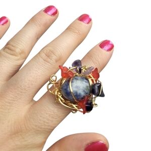 14K Gold Fluorite Chips Sodalite Tulip Frosted Acrylic Wire Wrapped Ring